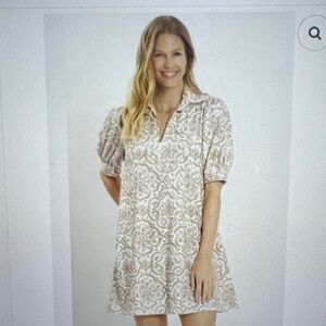 Jude Connally Beige Scroll-Print Puff Sleeve Mini Dress